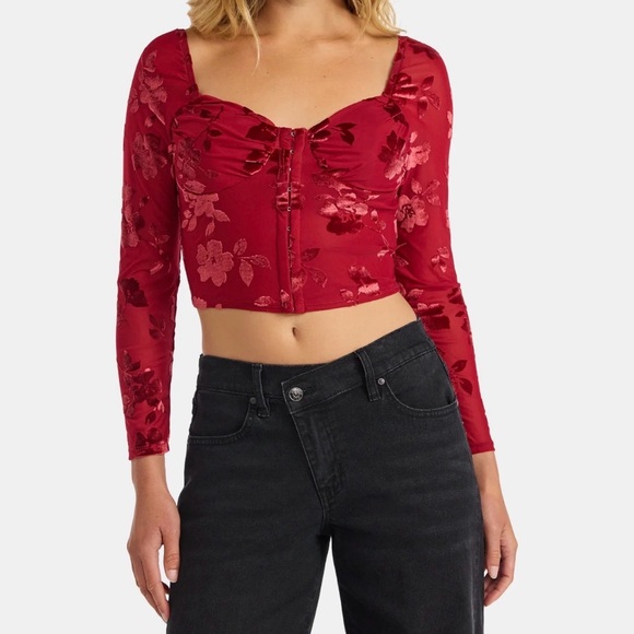 NYC Tops - NYC Red Floral Velvet Burnout Long Sleeve Crop Top